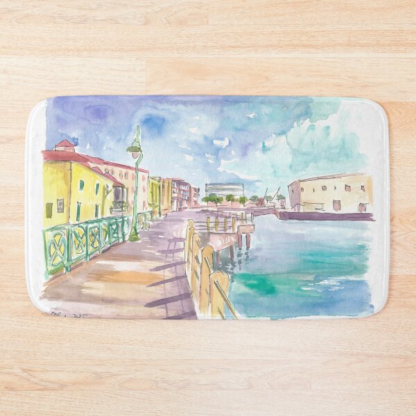Item preview, Sunlit Bridgetown Boardwalk Promenade Scene with Harbor in Barbados designed and sold by artshop77.