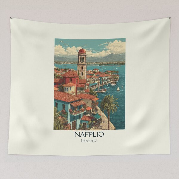Item preview, Nafplio Poster – Greek Seaside Town in Vintage Harbor Art designed and sold by TuncGK.