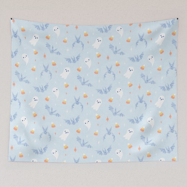Item preview, Cute Retro Pastel Blue Halloween Ghosts Bats and Candy Corn Pattern designed and sold by namibear.