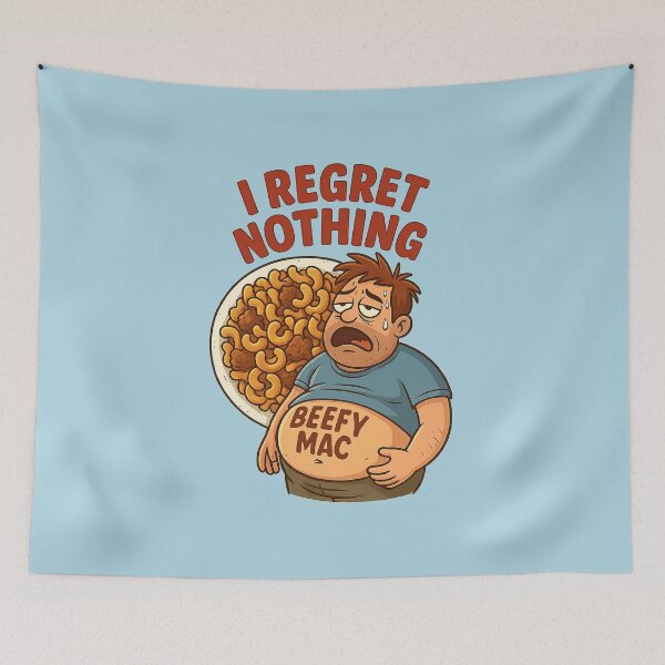 Item preview, I Regret Nothing Beefy Mac Sticker – Funny Food Overload Cartoon designed and sold by YuliaHulia.