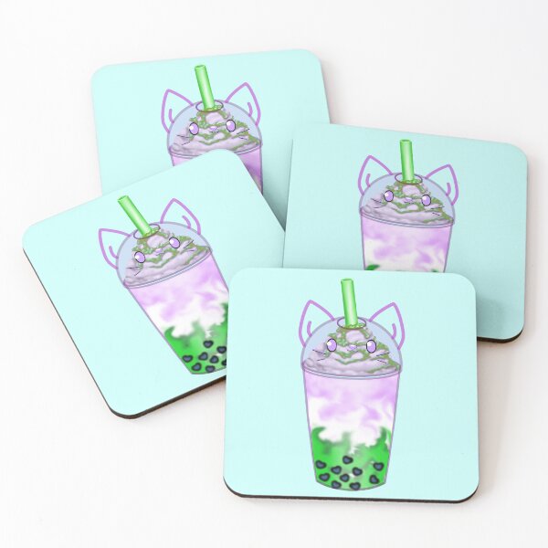 Item preview, A lovingly designed bubble tea with heart-shaped pearls and a cute cat face in the colors of the genderqueer flag designed and sold by katecheerycake.