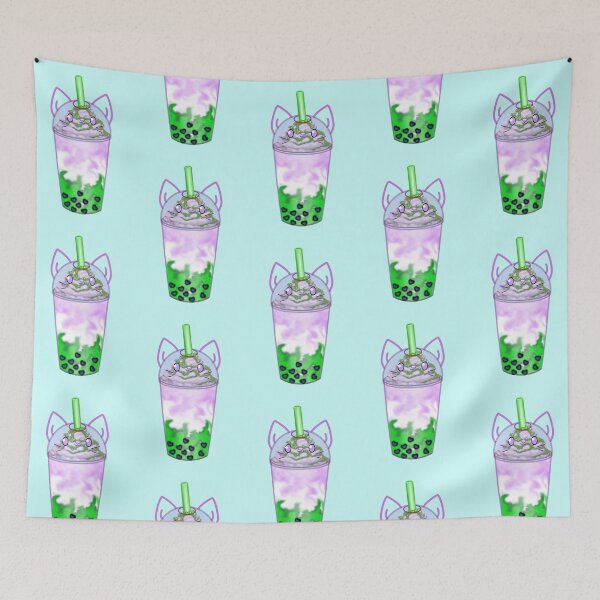 Item preview, A lovingly designed bubble tea with heart-shaped pearls and a cute cat face in the colors of the genderqueer flag designed and sold by katecheerycake.