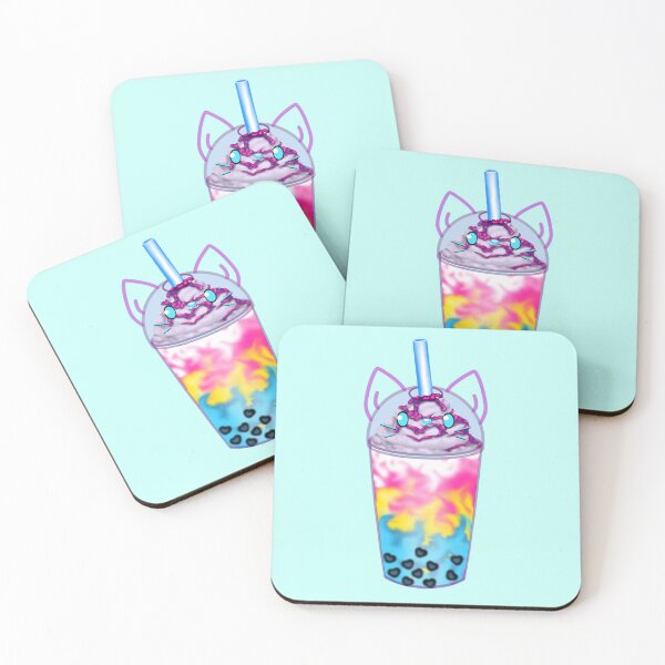 Item preview, A lovingly designed bubble tea with heart-shaped pearls and a cute cat face in the colors of the Pan flag designed and sold by katecheerycake.