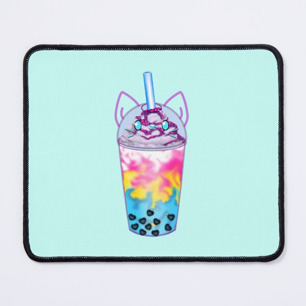 Item preview, A lovingly designed bubble tea with heart-shaped pearls and a cute cat face in the colors of the Pan flag designed and sold by katecheerycake.