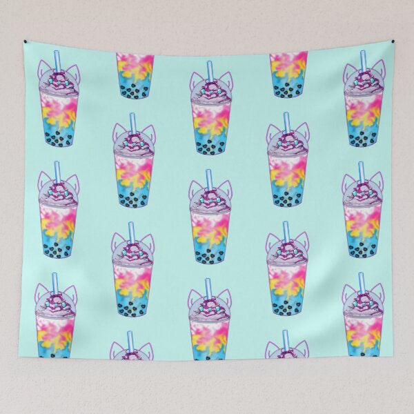 Item preview, A lovingly designed bubble tea with heart-shaped pearls and a cute cat face in the colors of the Pan flag designed and sold by katecheerycake.