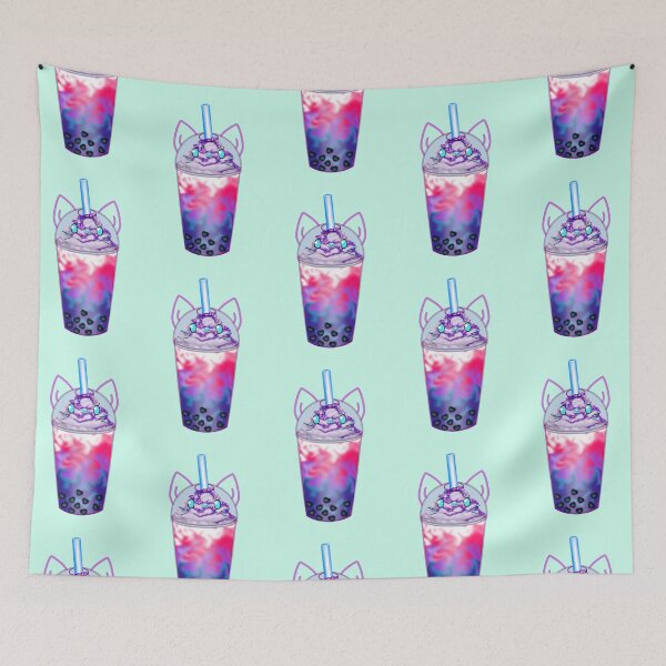 Item preview, A lovingly designed bubble tea with heart-shaped pearls and a cute cat face in the colors of the Bi flag designed and sold by katecheerycake.