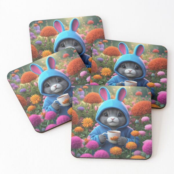 Item preview, A fluffy bunny wearing a patchwork hoodie and tiny glasses sips tea in a colourful garden designed and sold by Colin Bentham.