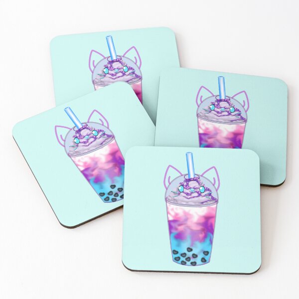 Item preview, A lovingly designed bubble tea with heart-shaped pearls and a cute cat face in turquoise, purple and pink designed and sold by katecheerycake.