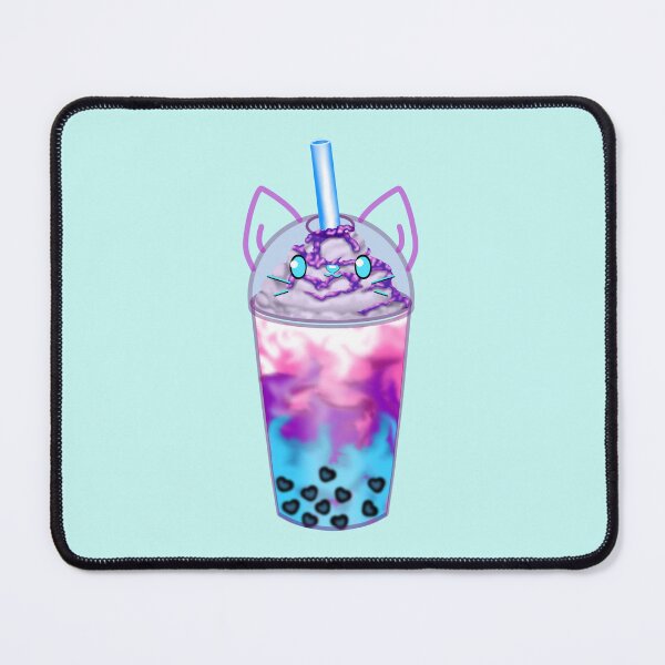Item preview, A lovingly designed bubble tea with heart-shaped pearls and a cute cat face in turquoise, purple and pink designed and sold by katecheerycake.