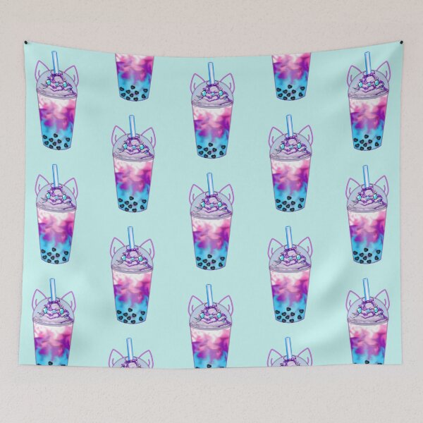 Item preview, A lovingly designed bubble tea with heart-shaped pearls and a cute cat face in turquoise, purple and pink designed and sold by katecheerycake.
