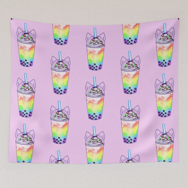 Item preview, A lovingly designed bubble tea with heart-shaped pearls and a cute cat face in rainbow colors LGBTQIA+ designed and sold by katecheerycake.
