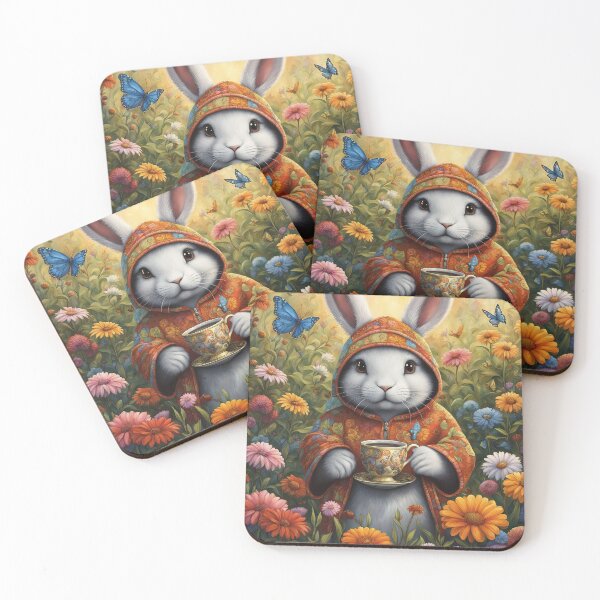 Item preview, A fluffy bunny wearing a patchwork hoodie sips tea in a colourful garden designed and sold by Colin Bentham.