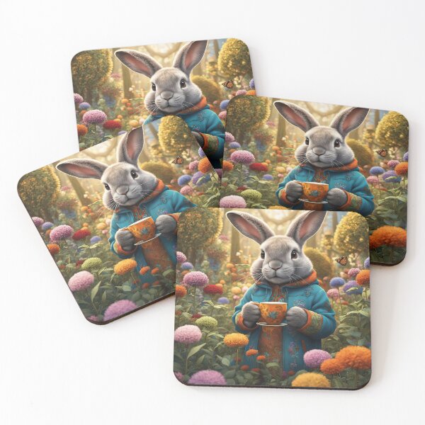 Item preview, A fluffy bunny wearing a patchwork hoodie sips tea in a colourful garden designed and sold by Colin Bentham.
