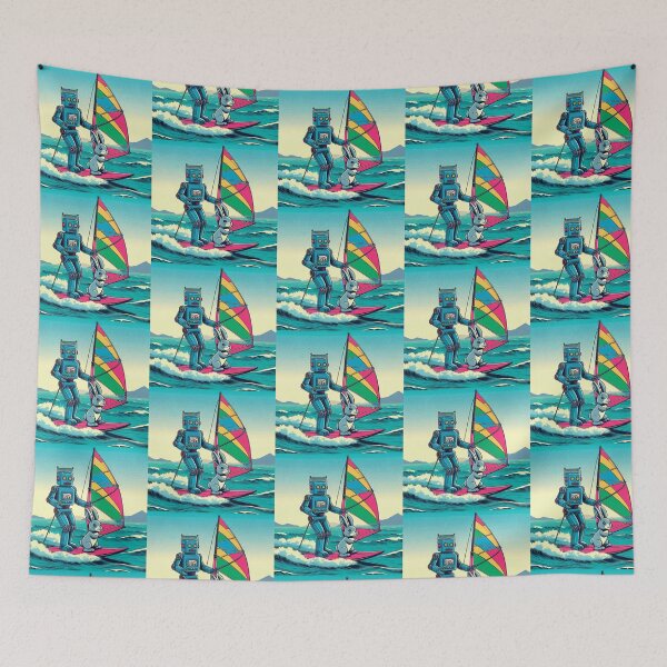 Item preview, a robot and a rabbit windsurfing designed and sold by Dogandesighn.