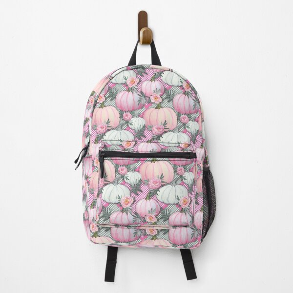 Item preview, Cottagecore Pumpkin floral on gingham with pink peonies designed and sold by MagentaRose.