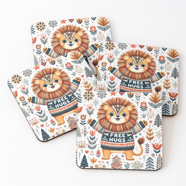 Item preview, Cute Free Hugs Lion - Scandinavian Folk Art by heidiannemorris © designed and sold by FOLK ART FUSION by heidiannemorris.
