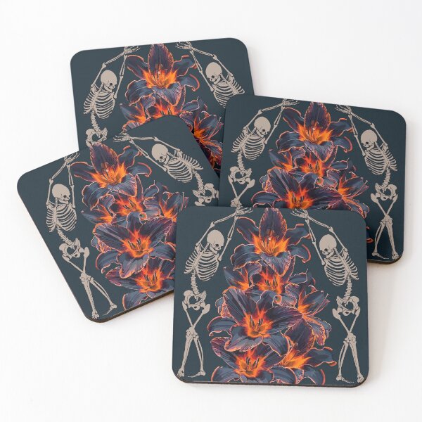 Item preview, Dancing in the Flames of Life, Two Skeletons Dancing Around Black and Orange Irises that Look Like Flames designed and sold by Kristi Brooks.