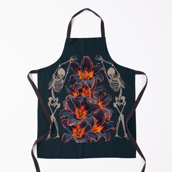 Item preview, Dancing in the Flames of Life, Two Skeletons Dancing Around Black and Orange Irises that Look Like Flames designed and sold by Kristi Brooks.