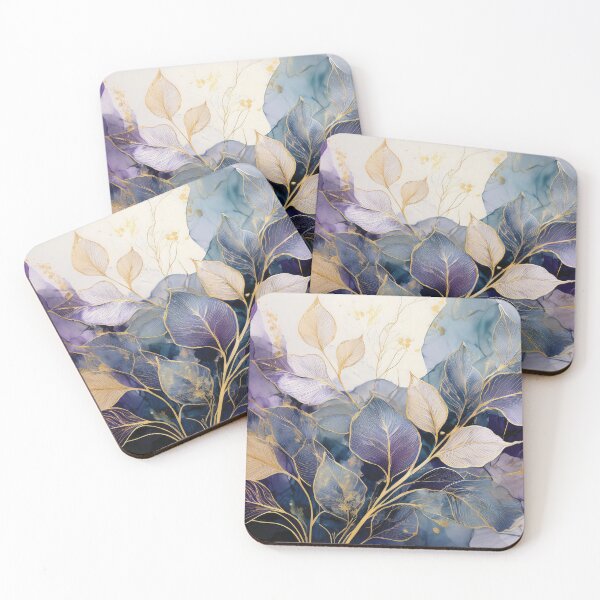 Item preview, Cool blue, violet and purple leafy watercolor botanical painting with gold accents, delicate pastel colors, minimalist abstract watercolor, modern watercolor  designed and sold by navitalidesign.