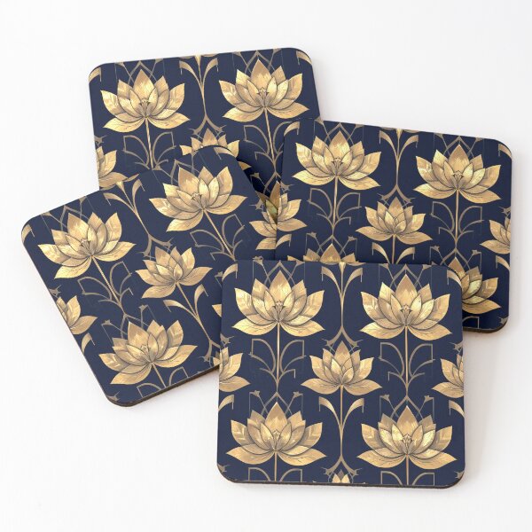 Item preview, Golden Lotus Flowers on Deep Navy Blue Background designed and sold by semenol.