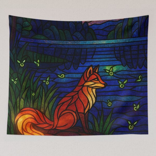 Item preview, Vibrant Stained Glass Fox Art | Mythic Fantasy Animal | The Firefly Fox Guardian designed and sold by AetherLightArt.
