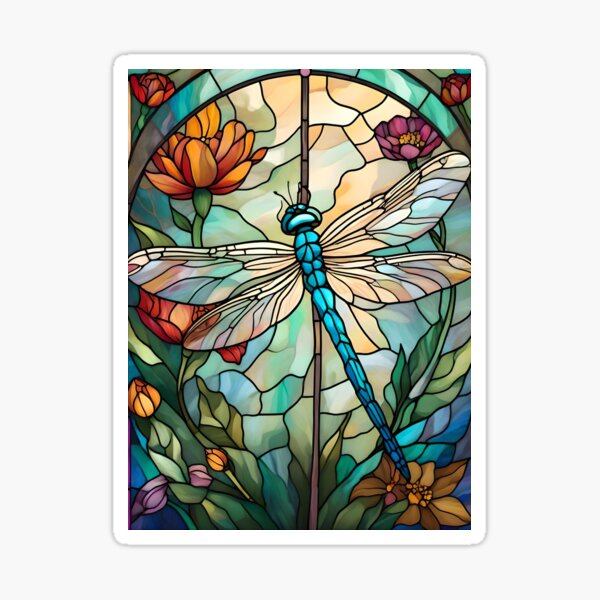 Item preview, Dragonfly Among Flowers Stained Glass designed and sold by Ciervo Primavera.
