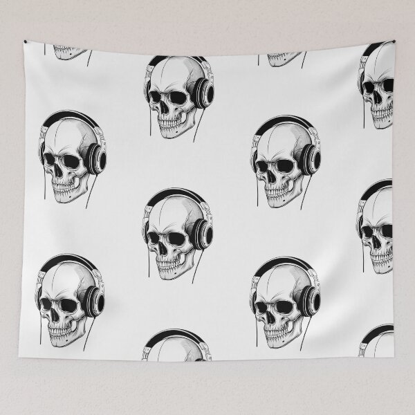 Item preview, Angled Skull with Headphones Black and White Illustration designed and sold by RM-Journey.