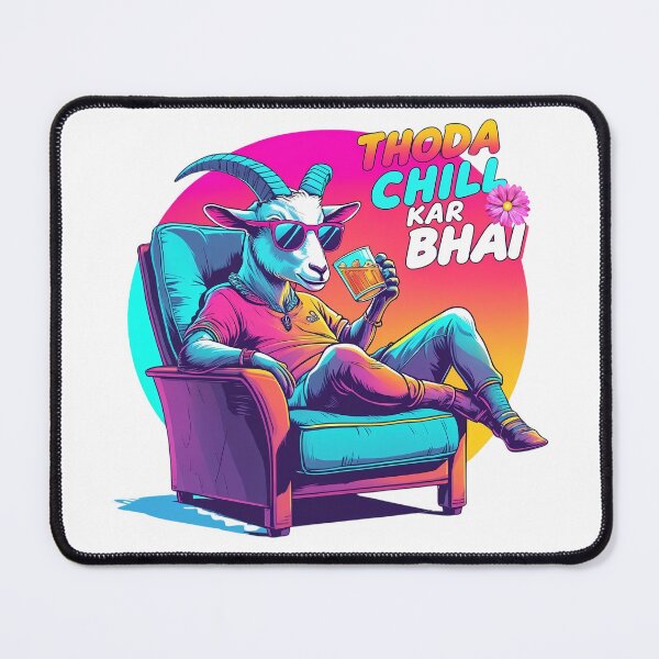 Item preview, Neon “Thoda Chill Kar Bhai” Goat in Sunglasses Lounging – Retro 90s Cocktail Vibes designed and sold by PING 999 STUDIO.