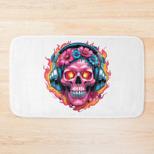 Item preview, Hot Pink & Blue Flowered Skull with Glowing Flames and DJ Headphones – Neon Music Art designed and sold by RvinJo8.