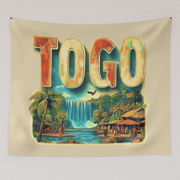 Item preview, Togo Scenic Waterfall Village – Vintage Travel Style designed and sold by Myra365Art.