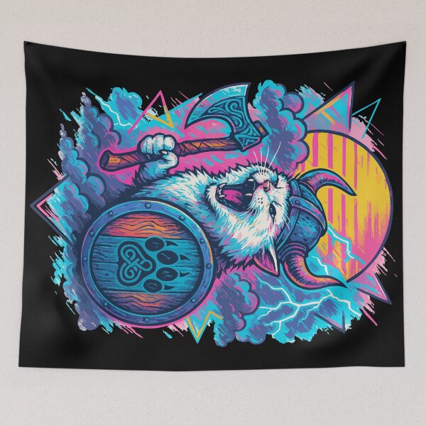 Item preview, Viking White Cat Valhalla Norse Retro Vaporwave designed and sold by TomFrontierArt.