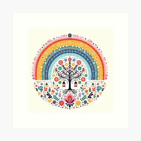 Item preview, Colorful Summer Tree of Life with Lanterns - Scandinavian Folk Art by heidiannemorris © designed and sold by FOLK ART FUSION by heidiannemorris.
