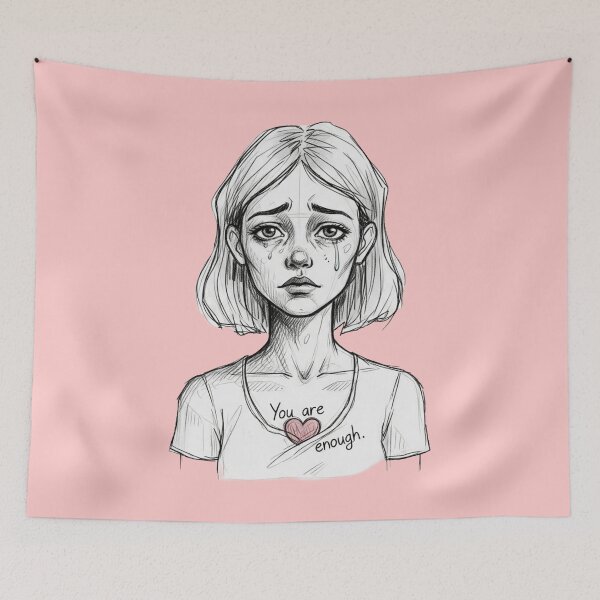 Item preview, You Are Enough – Sad Girl Sketch With Mental Health Affirmation designed and sold by Just Meaningful.