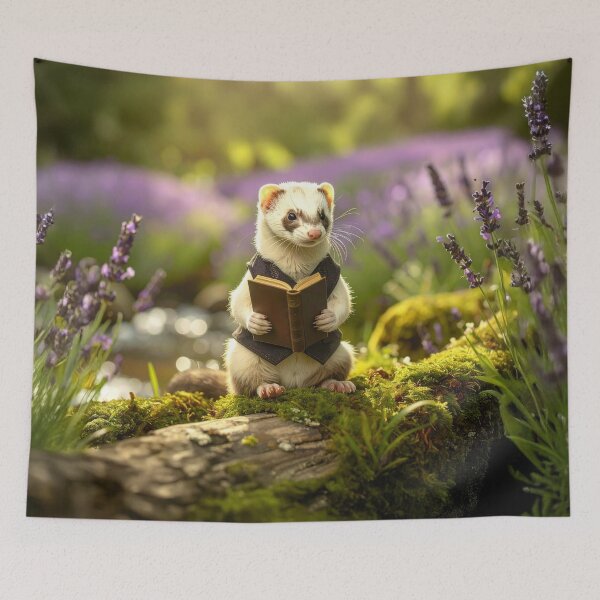 Item preview, Cottagecore White Ferret Reading Book | Light Academia, Whimsical Art designed and sold by Englandbear.
