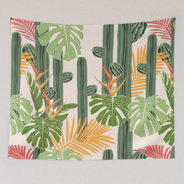 Item preview, Seamless pattern vector summer cactus on desert mix with beautiful blooming heliconia flower and palm leaves. designed and sold by MatyKotiv.