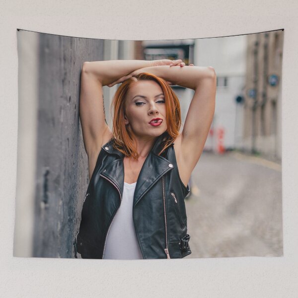 Item preview, female model posing and pouting  with their arms up Grunge street photography designed and sold by Vintage Designs +.