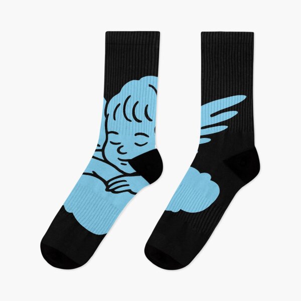 Item preview, Pastel-Blue Cherub Resting on Cloud  Minimal Line-Art Pocket T-Shirt designed and sold by BambaKchula.