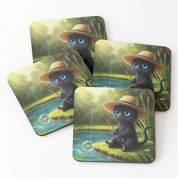 Item preview, Cute Black Cat Fishing – Kawaii Animal Art with Big Eyes designed and sold by CraftMuse19.