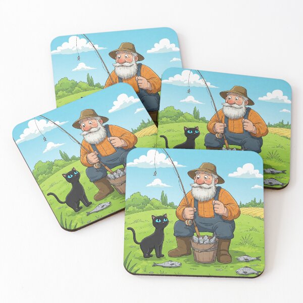 Item preview, Old Fisherman and His Curious Cat – Peaceful Countryside Catch designed and sold by CraftMuse19.