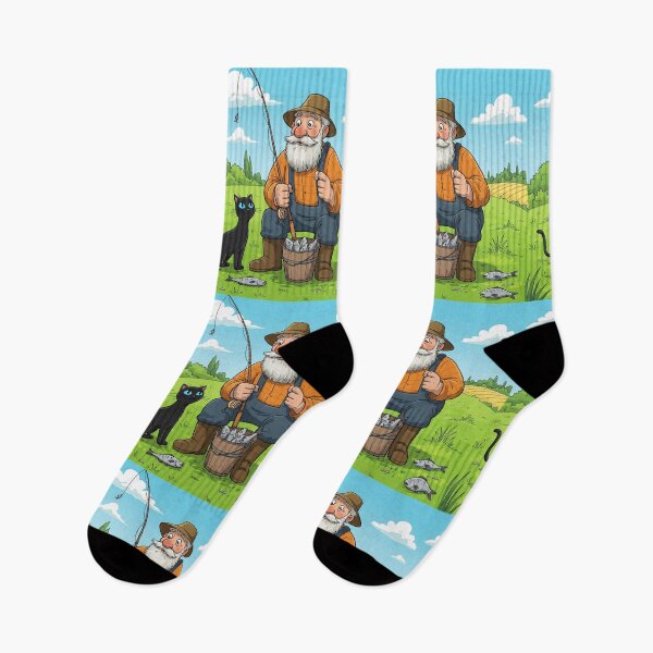 Item preview, Old Fisherman and His Curious Cat – Peaceful Countryside Catch designed and sold by CraftMuse19.