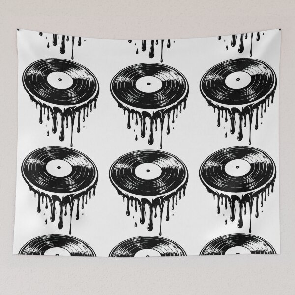 Aperçu de l'œuvre Disque vinyle fondu, design d'art goutte à goutte noir et blanc créée et vendue par ArtfulWeave.