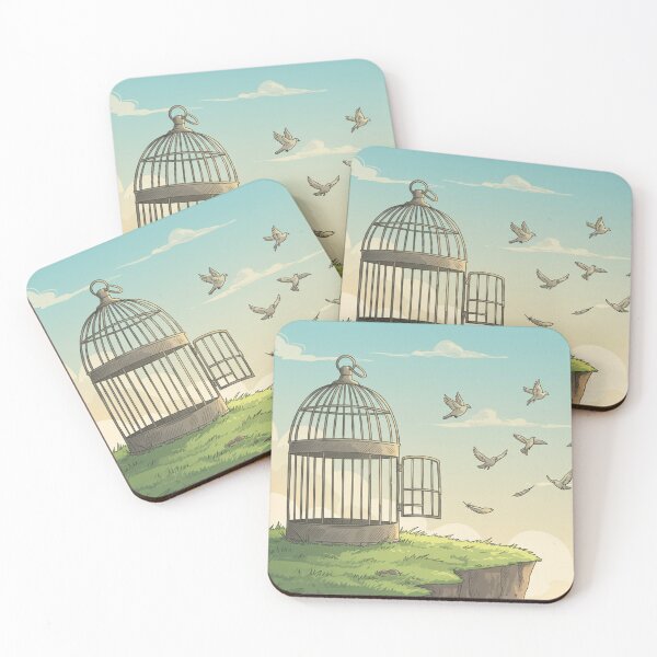 Item preview, Freedom in Motion – Illustrated Open Cage & Birds Art Print designed and sold by MikokoDesigns.