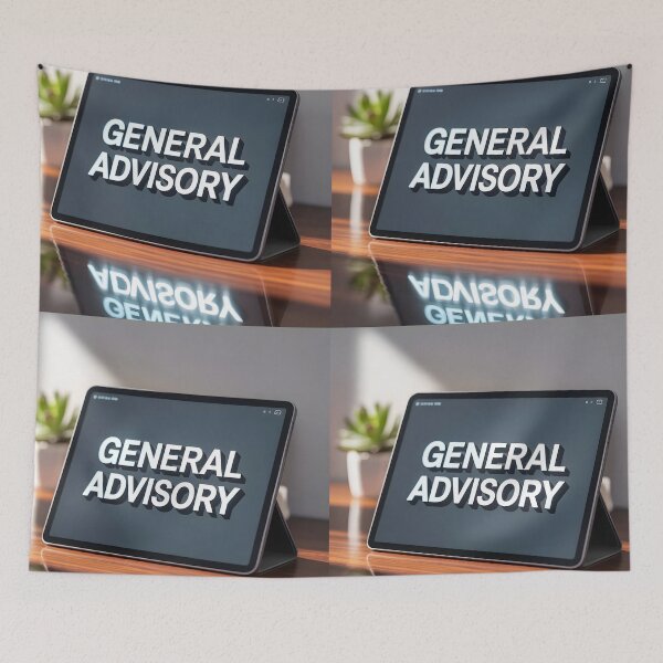 Item preview, General Advisory – Bold Warning Text on Tablet at Modern Desk designed and sold by EmeraldeaArt.