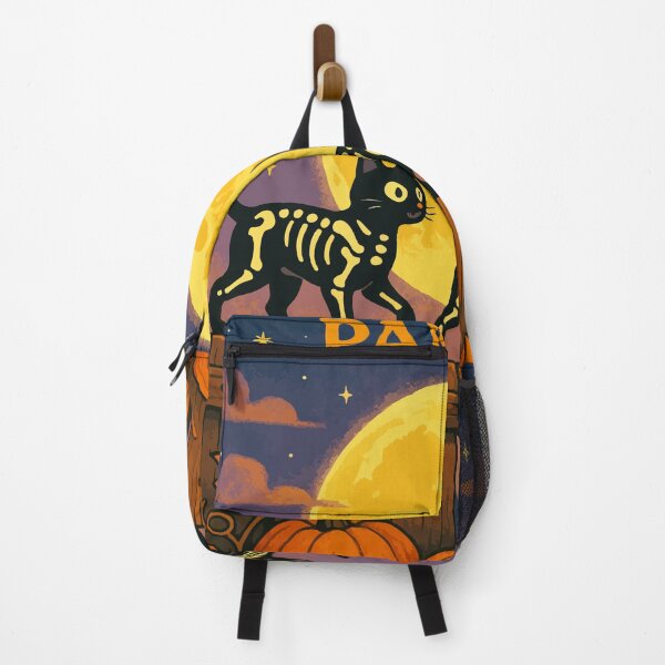 Artikelvorschau, Halloween Schwarze Katzenskelette, die unter Vollmond auf dem Zaun laufen - Gruselige süße Halloween-Nachtkunst für Aufkleber, Shirts, Wandkunst entworfen und verkauft von Kathryn Creates.