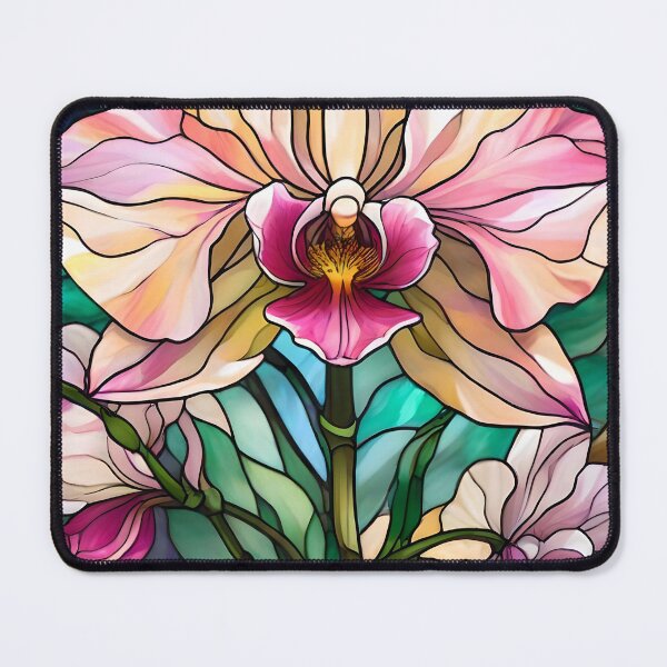 Artikelvorschau, Buntglasfenster mit rosa und gelben Orchideenblüten entworfen und verkauft von Ciervo Primavera.