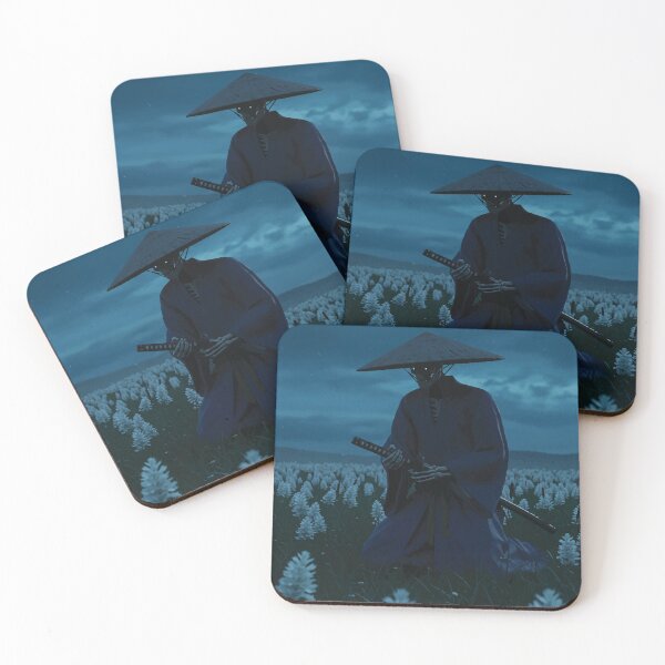 Item preview, Skeleton Samurai in Blue Kimono Kneeling Under Moonlight Among White Flowers designed and sold by -DEEWOLF-.