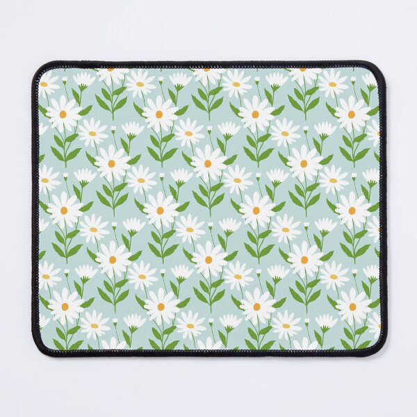 Item preview, White blooming daisy flowers and buds with green leafy stem on soft light blue background  designed and sold by PrettywithColor.