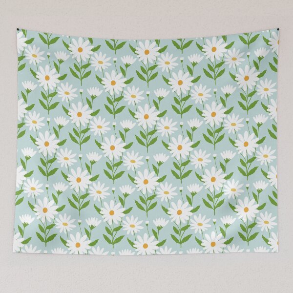 Item preview, White blooming daisy flowers and buds with green leafy stem on soft light blue background  designed and sold by PrettywithColor.