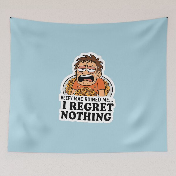 Item preview, I Regret Nothing Beefy Mac Sticker – Funny Food Overload Cartoon designed and sold by YuliaHulia.