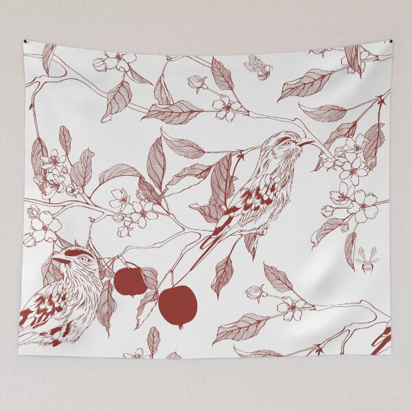 Item preview, Red line apple branch with birds on it. Blooming branch of sakura apple tree seamless pattern. designed and sold by MatyKotiv.